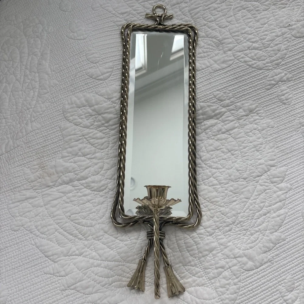 Vtg Hollywood Regency Brass Beveled Mirror Twisted Rope Wall Candle Sconce 17.5